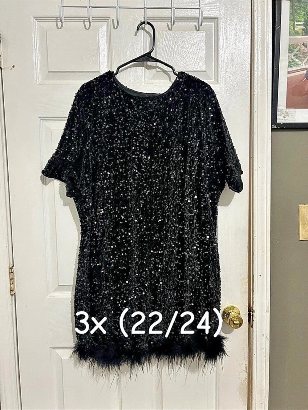 Express Sequin Crew Neck Feather Hem Mini Dress Black 3X (22/24)